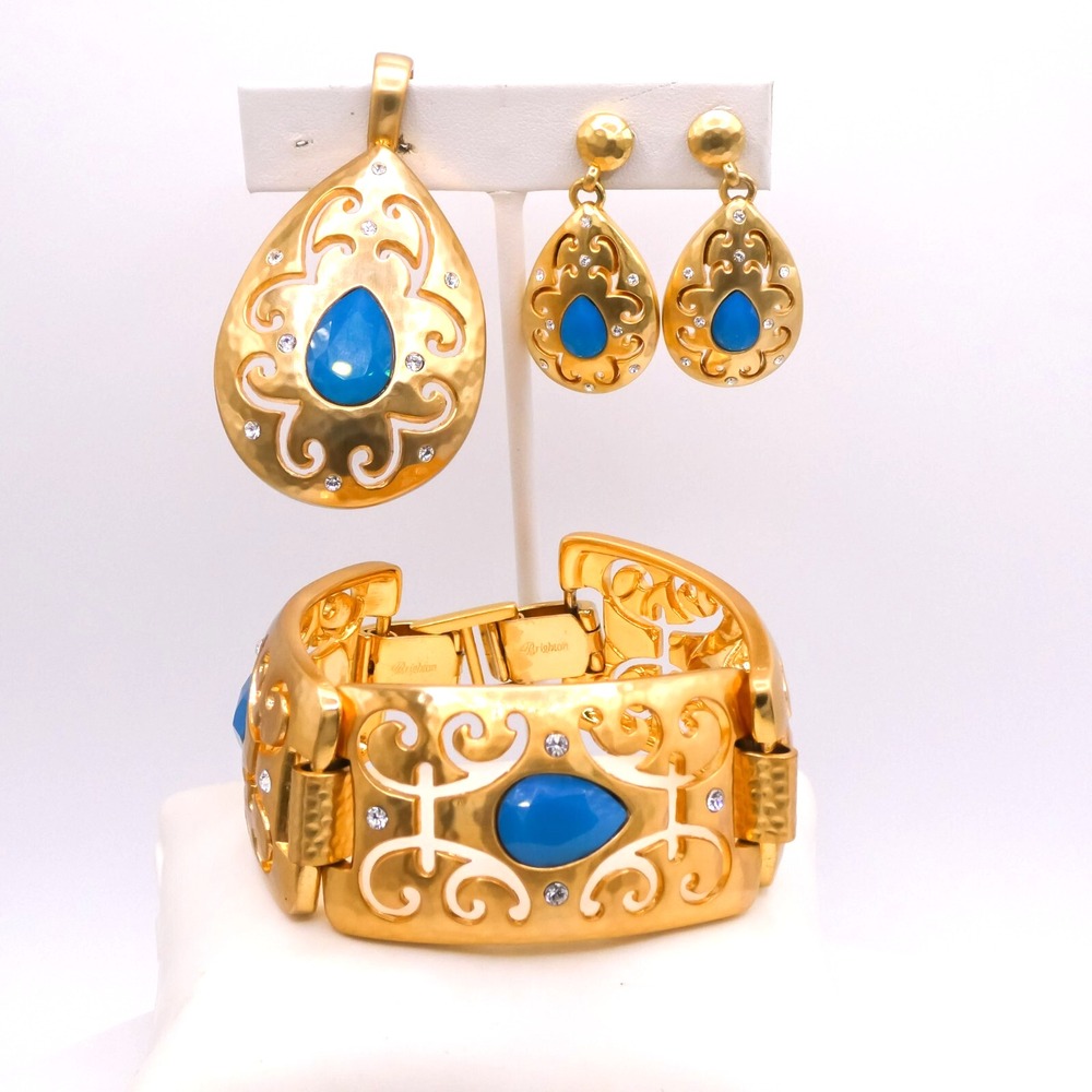 Brighton Versailles Jupiter Blue Hammered Goldtone Bracelet Pendant Earring Set